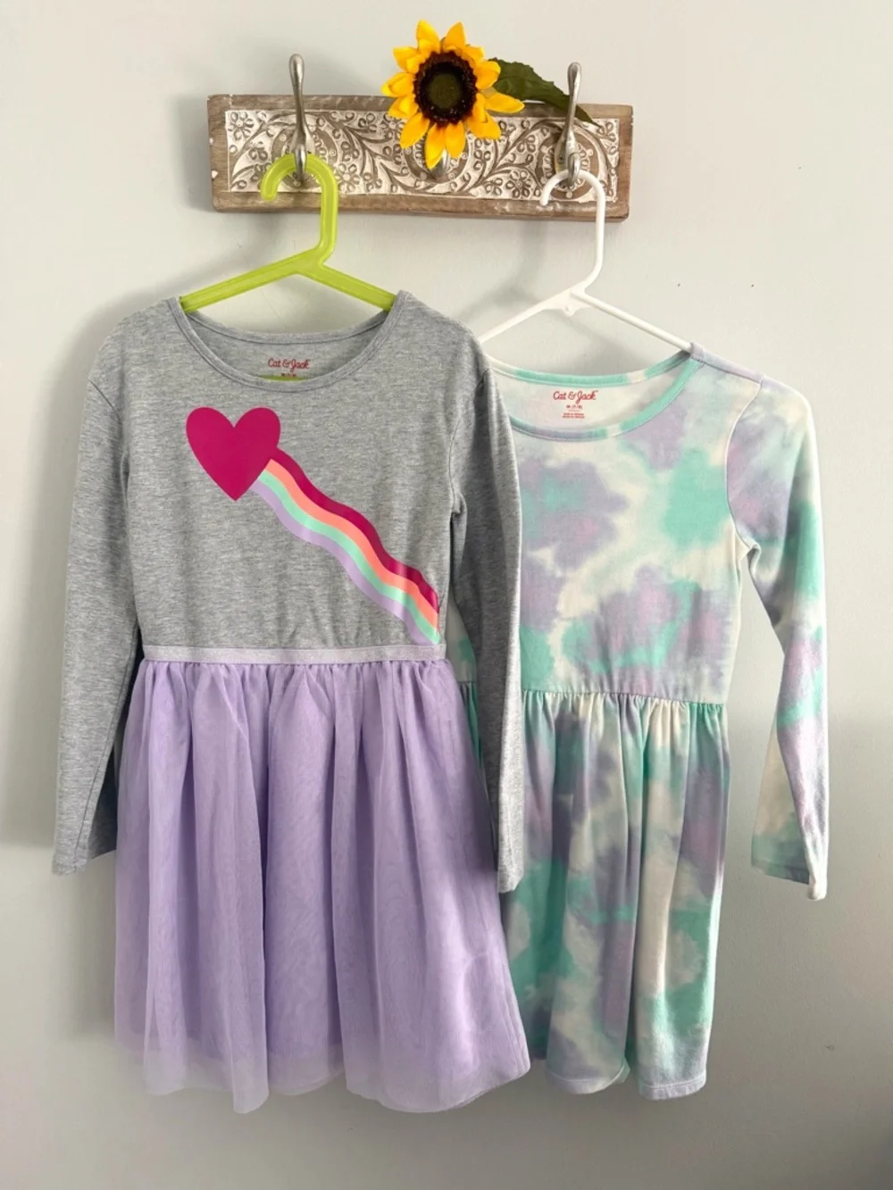 CAT & JACK Girls Long Sleeve Dress Bundle-Tie Dye & Rainbow Tutu Size M 7/8